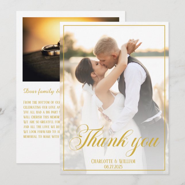 Cartão De Agradecimento Script Dourado de Fotos de Casamento Elegante (Frente/Verso)