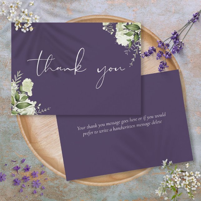 Cartão De Agradecimento Script Elegante de Verde Roxo Personalizado (Custom Purple Greenery Elegant Script Thank You Card)