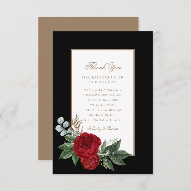 Cartão De Agradecimento Script Elegante Peonies Vermelhos Preto e Dourado (Frente/Verso)