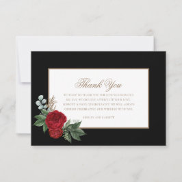 Cartão De Agradecimento Script Elegante Peonies Vermelhos Preto e Dourado