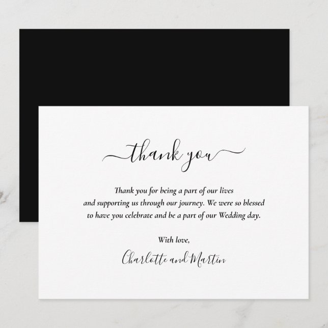 Cartão De Agradecimento Script Elegante preto e branco (Frente/Verso)