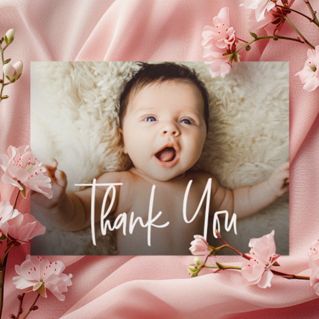 Cartão De Agradecimento Script Horizontal Baby Girl Photo Handlettering (Customizable horizontal baby photo thank you card.)