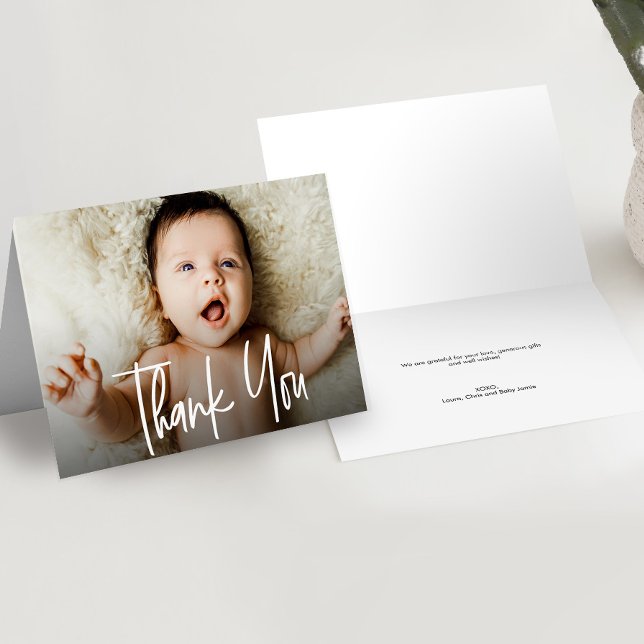 Cartão De Agradecimento Script Horizontal Baby Photo Modern Handlettering (Customizable horizontal Baby photo thank you note card.)