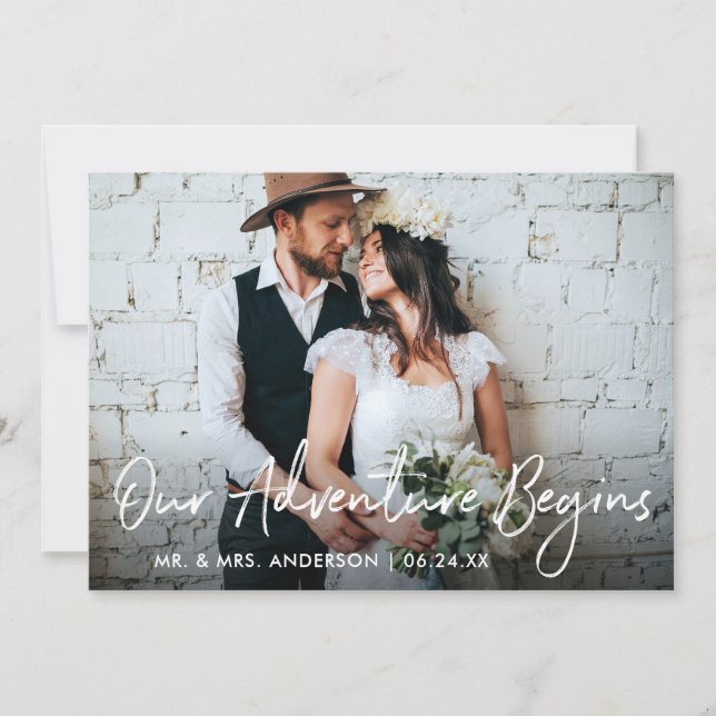 Cartão De Agradecimento Script Manuscrito Nossa Aventura Começa O Casament (Frente)