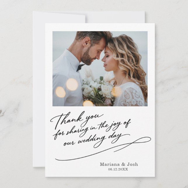 Cartão De Agradecimento Script Modern Wedding 2 Photos Thank You Card (Frente)