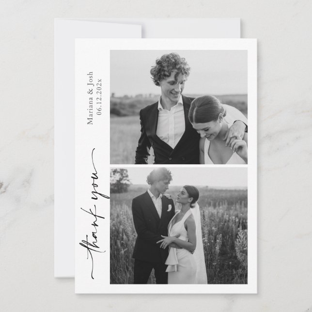 Cartão De Agradecimento Script Modern Wedding 2 Photos Thank You Card (Frente)