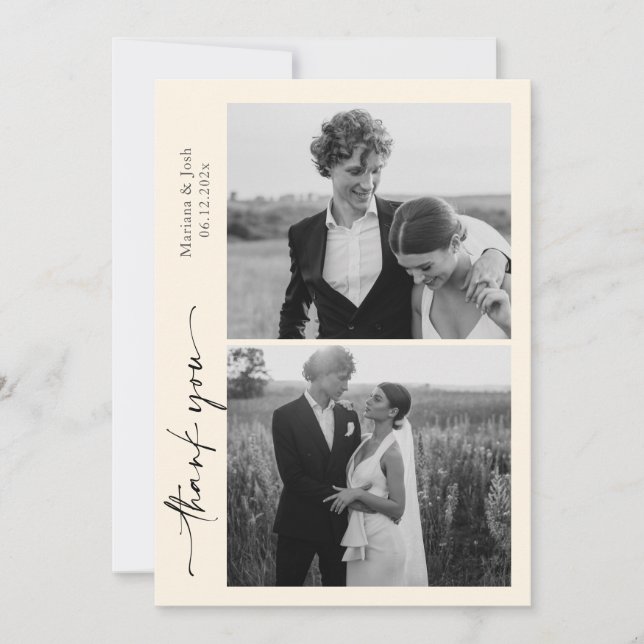 Cartão De Agradecimento Script Modern Wedding 2 Photos Thank You Card (Frente)