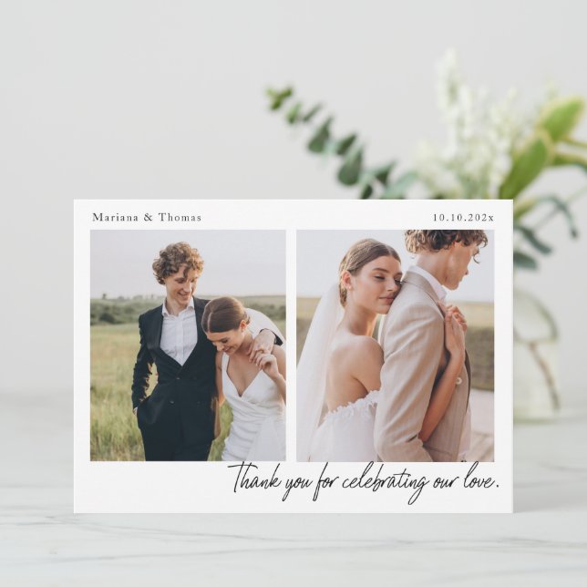 Cartão De Agradecimento Script Modern Wedding 2 Photos Thank You Card (Em pé/Frente)