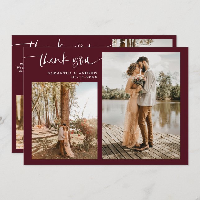 Cartão De Agradecimento Script moderno 5 fotos obrigado vermelho seu casam (Frente/Verso)