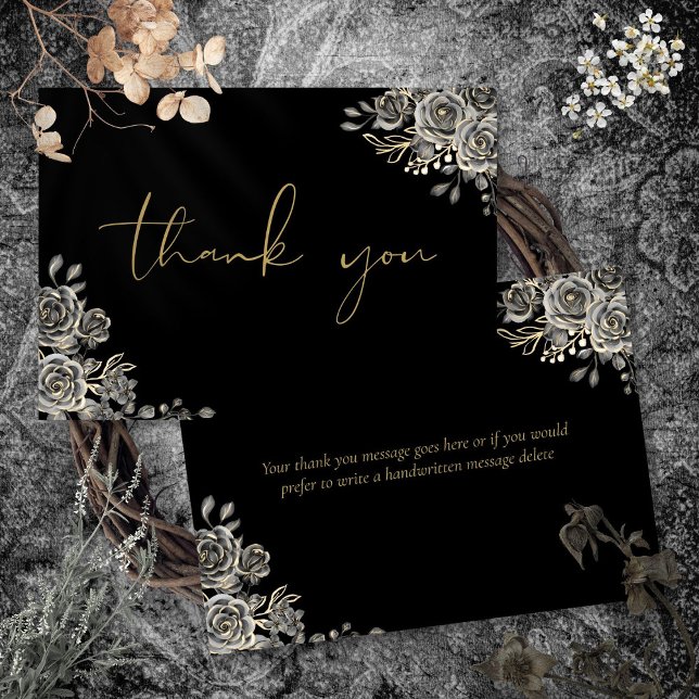 Cartão De Agradecimento Script Preto Gótico Personalizado E Dourado (Personalized Gothic Black And Gold Script Thank You Card)