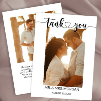 Cartão De Agradecimento Script Simples com Coração e Foto | Casamento