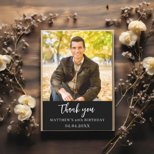 Cartão De Agradecimento script simples de foto preto e branco de aniversár