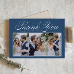 Cartão De Agradecimento Script Três Foto Colagem Azul Casamento<br><div class="desc">Envie obrigados para a família e amigos por fazerem parte do seu evento com este cartões de agradecimentos personalizável de colagem de fotos. Apresenta uma escrita elegante e uma tipografia simples. Personalizado adicionando seus próprios detalhes e mostrando suas fotos de casamento favoritas. Este cartões de agradecimentos fotográfico também será perfeito...</div>