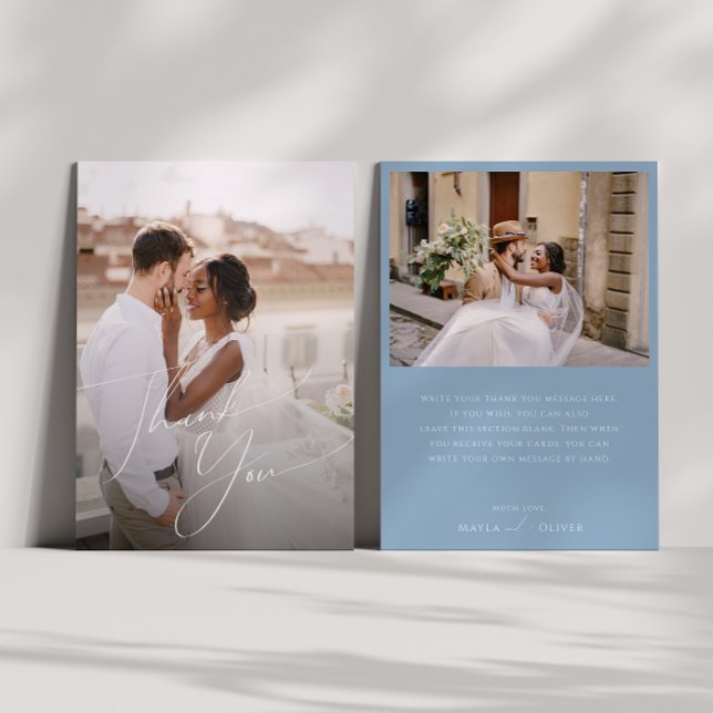 Cartão De Agradecimento Script Whimsical | Foto plana azul empoeirada (Criador carregado)