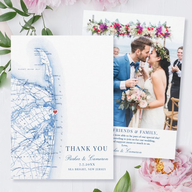 Cartão De Agradecimento Sea Bright New Jersey Mapa Foto de Casamento Foto  (These Sea Bright New Jersey wedding photo thank you cards are perfect for your Jersey Shore wedding)