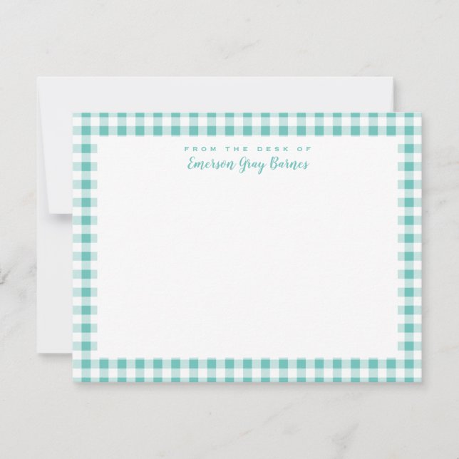 Cartão De Agradecimento Sea Green Gingham Check Personal Stationery Card (Frente)