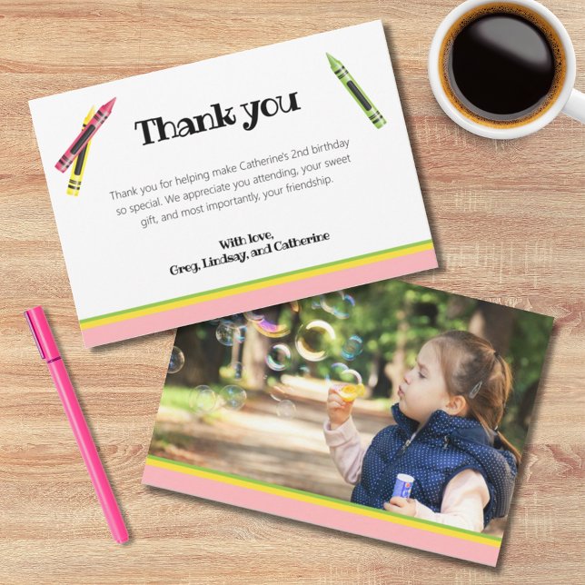 Cartão De Agradecimento Segundo aniversário Rosa Crayon Kids Foto Rosa (Criador carregado)