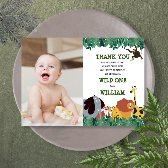 Cartão De Agradecimento Selgle Safari primeiro aniversario selvagem um (Jungle Safari 1st Birthday Wild One Thank You Card)