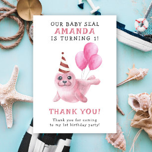 Cartão De Agradecimento Selo Rosa Aniversário de 1 ano Sob o Mar