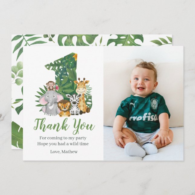 Cartão De Agradecimento Selva primeiro aniversario Selvagem Safari (Frente/Verso)