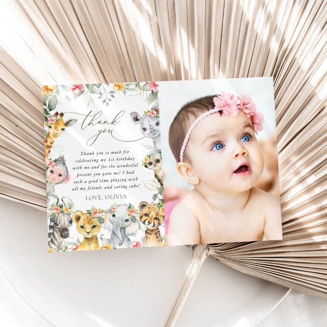 Cartão De Agradecimento Selva, Safari, Flores, Primeiro Aniversário (Criador carregado)