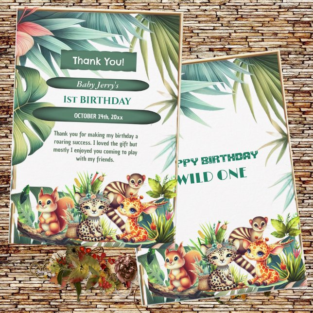 Cartão De Agradecimento Selvagem Selvagem Safari Verde Tropical (Wild One Birthday Jungle Safari Tropical Leaves Greenery Thank You Card)