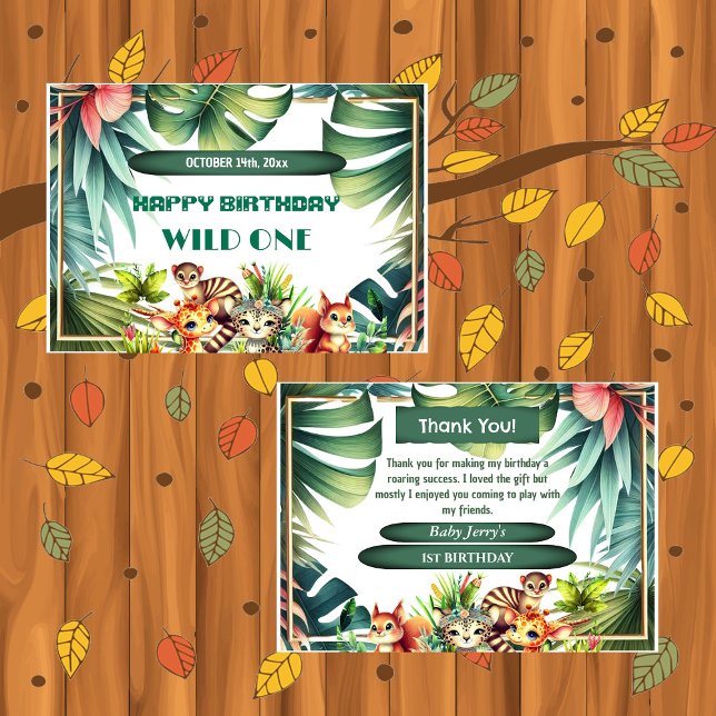 Cartão De Agradecimento Selvagem Selvagem Safari Verde Tropical (Wild One Birthday Jungle Safari Tropical Leaves Greenery Thank You Card)
