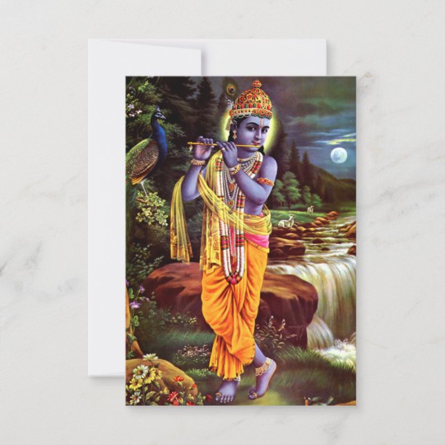 Cartão De Agradecimento Senhor Krishna com Flauta Deus Hindu (Frente)