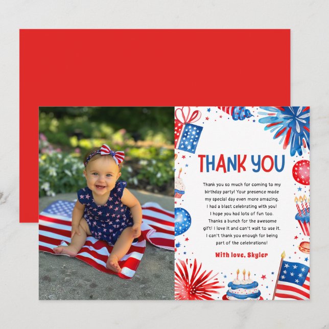 Cartão De Agradecimento Senhorita Firecracker 4 de julho primeiro aniversa (Frente/Verso)