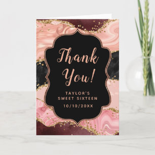 Cartão De Agradecimento Sequins de Ágata Preto e Rosa Sweet Sixteen