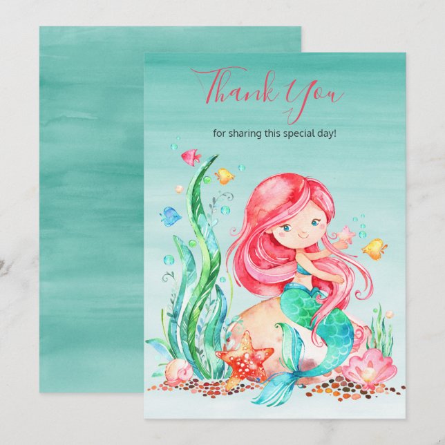 Cartão De Agradecimento Sereia de Aquarela Cuta Sob O Chá de fraldas Marin (Frente/Verso)