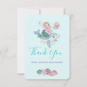 Cartão De Agradecimento Sereia Fofa Andando por um golfinho sob o mar