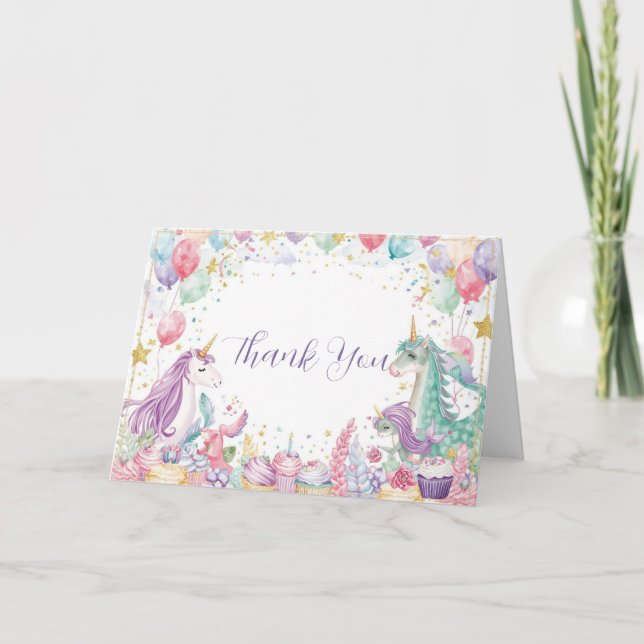 Cartão De Agradecimento Sereias Mágicas Unicórnios Arco-íris Aniversário (Frente)