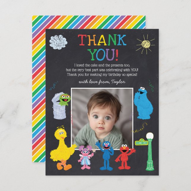 Cartão De Agradecimento Sesame Street Pals Chalkboard Rainbow Obrigado (Frente/Verso)