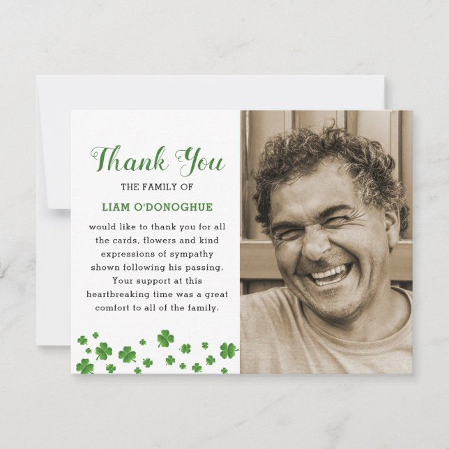 Cartão De Agradecimento Shamrock Clover | Foto Funeral Irlandesa Muito Obr (Frente)
