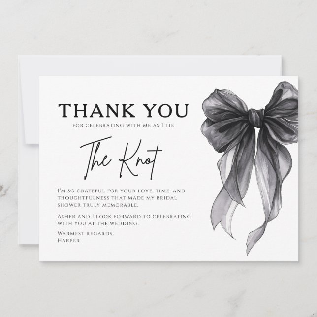 Cartão De Agradecimento She’s Tying The Knot Black Bow Bridal Shower (Frente)