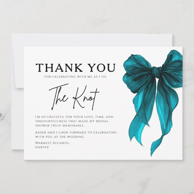 Cartão De Agradecimento She’s Tying The Knot Turquoise Bow Bridal Shower (Frente)