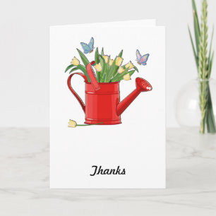 Cartão De Agradecimento Shiny Red Watering Can with Yellow Tulips