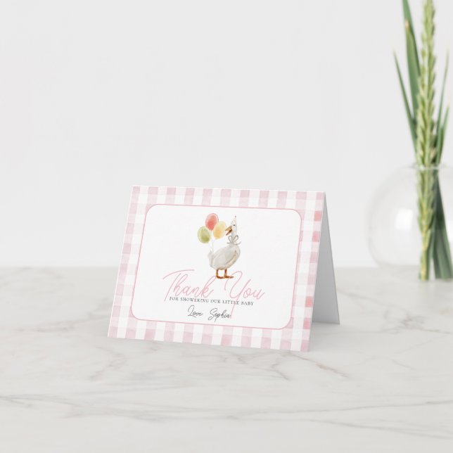 Cartão De Agradecimento Silly Goose Pink Gingham Baby Shower (Frente)