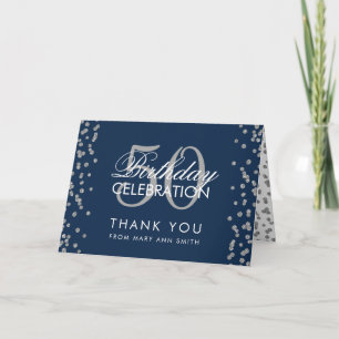 Cartão De Agradecimento Silver 50th Birthday Thank you Confetti Navy Blue