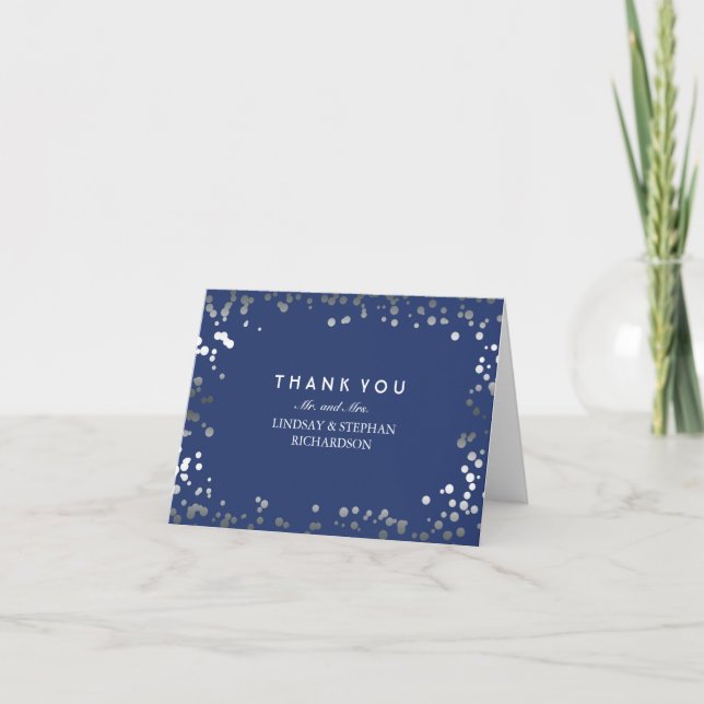 Cartão De Agradecimento Silver and Navy Confetti Elegant Wedding Thank You (Frente)