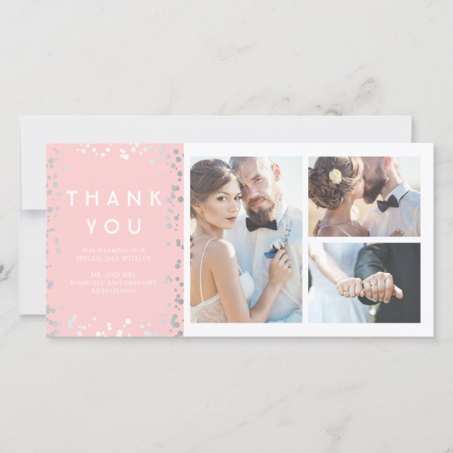 Cartão De Agradecimento Silver Confetti Elegante Casamento Rosa Obrigado (Frente)