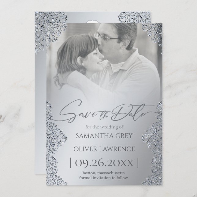 Cartão De Agradecimento Silver Damask Save the Date Card with Photo (Dano  (Frente/Verso)