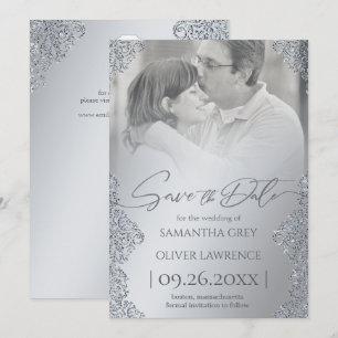 Cartão De Agradecimento Silver Damask Save the Date Card with Photo (Dano