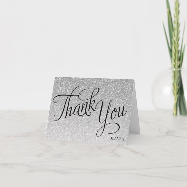 Cartão De Agradecimento Silver Glitter Personalized Fancy Script Thank You (Frente)