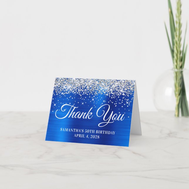 Cartão De Agradecimento Silver Glitter Royal Blue Foil 50º Aniversário (Frente)