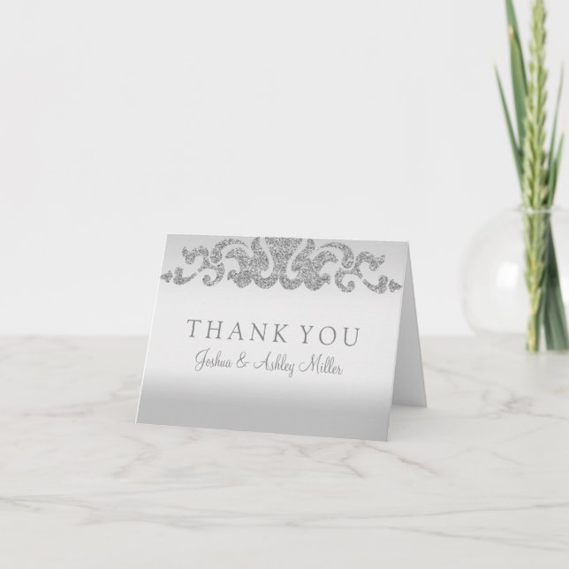 Cartão De Agradecimento Silver Glitter Wedding Thank You Note Cards (Frente)