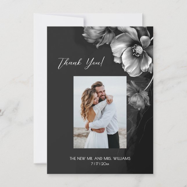 Cartão De Agradecimento Silver Gray Black Floral Wedding Thank You (Frente)