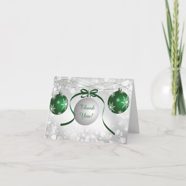 Cartão De Agradecimento Silver & Green Ornaments Bokeh Christmas Thank You (Frente)