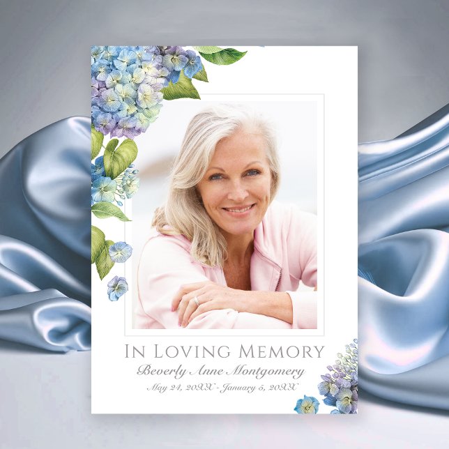 Cartão De Agradecimento Simpatia Blue Hydrangea Foto Floral Funeral (Elegant Blue Lavender Hydrangea Floral Photo Funeral Thank You card)
